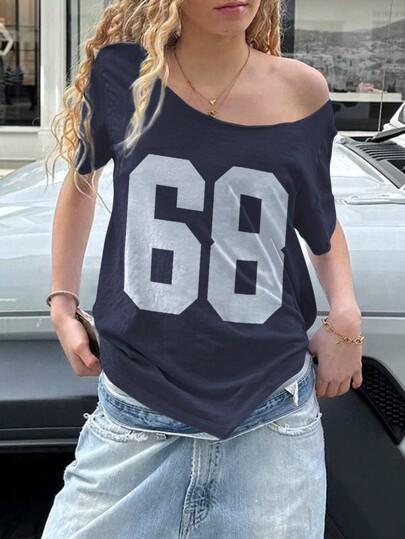 INAWLY Women's Asymmetric Neck Bare Shoulder Digit Print Loose Casual T-Shirt