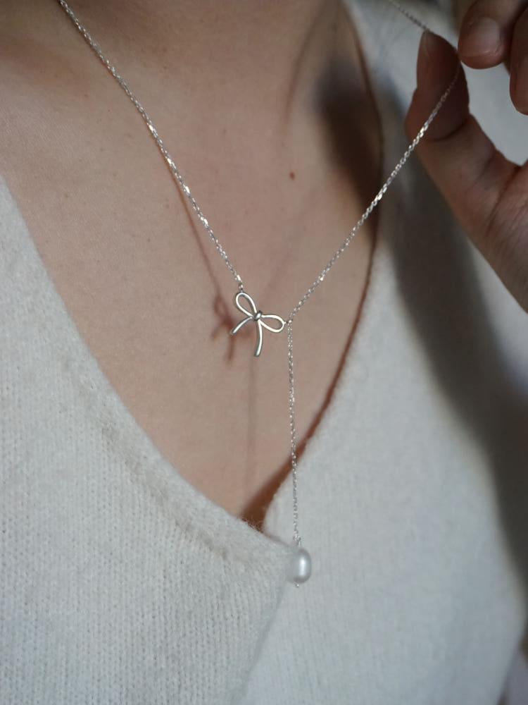 마고 925 지젤 리본 담수진주 슬라이드 드롭 목걸이