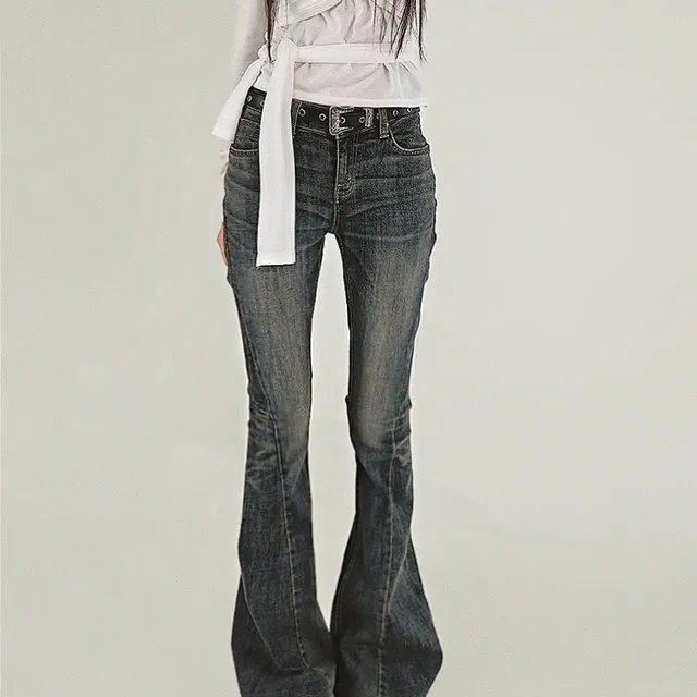 [당일출고] DOUBLE CURVED SHADOW BLUE DENIM BOOTCUT JEANS 엣지 더블 커브 절개 섀도우 블루워싱 데님진 부츠컷청바지