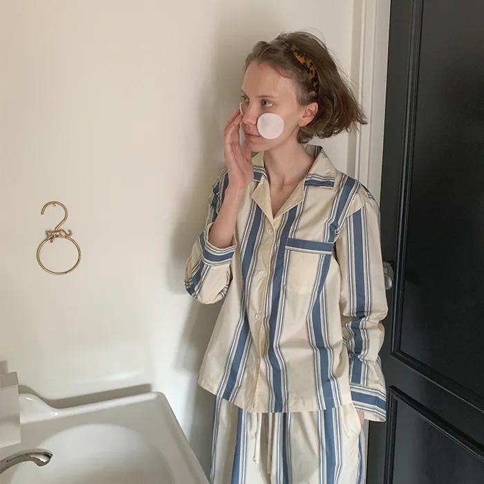 [29CM 단독][알러쉴드](uni) 미드나잇인파리 고밀도 순면 스트라이프 파자마 블루아워