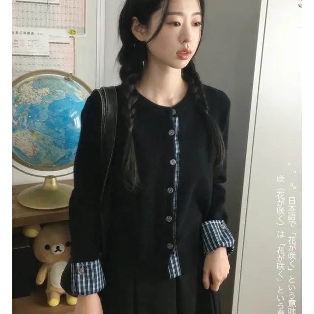 로페 체크 셔츠 레이어드 긴팔 니트 가디건