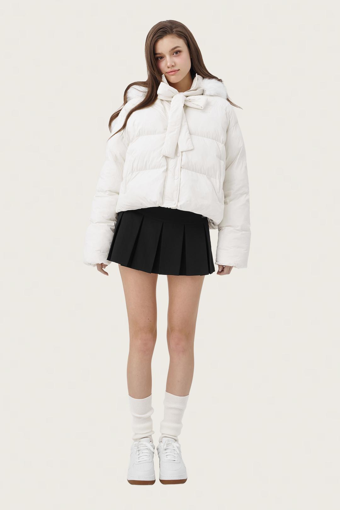 Snowy ribbon puff jacket, Ivory
