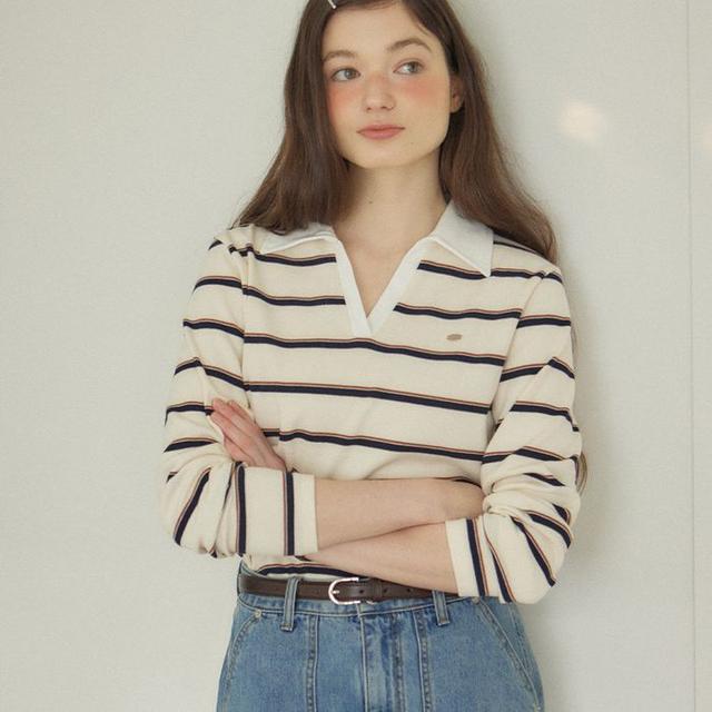 Stripe Open Collar Long-Sleeve T-shirt - Ivory