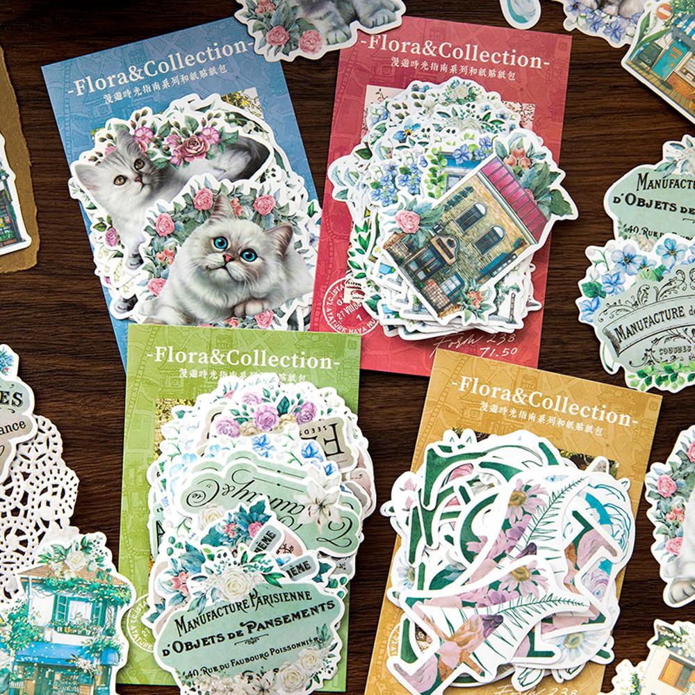 빈티지 다꾸 다이어리 꾸미기 플라워 숫자 고양이 소품 스티커 4종 45매