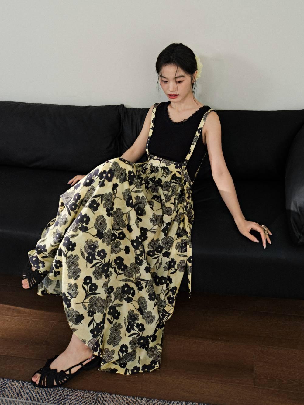 플라워 멜빵 스커트