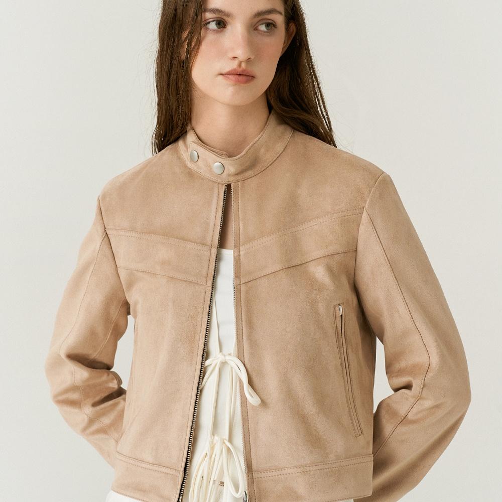 Vegan Leather Suede Racer Jacket in Beige