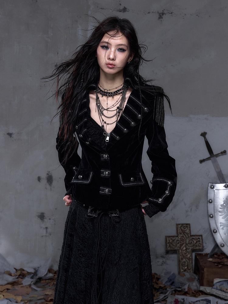 NO ROMANCE Modern night embroidered waist tie flock suit jacket