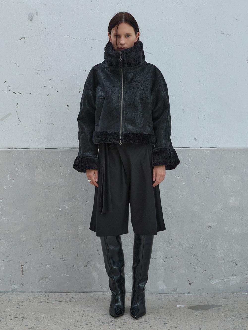 High Neck Short Shearling Jacket (Black)