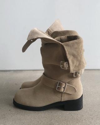 cowhide two-way buckle boots, beige