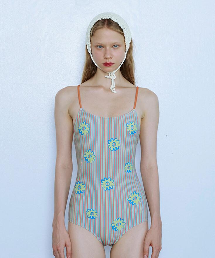 플라워 스트라이프 원피스 수영복_옐로우