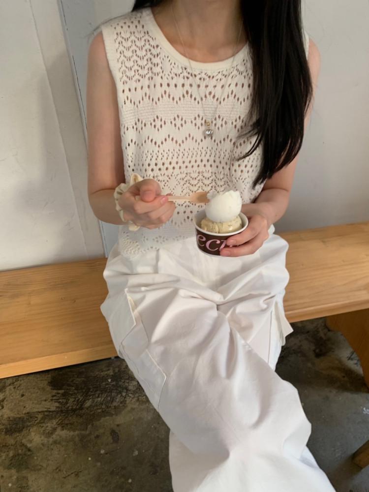 [르라니/아이 당일] 물결 펀칭 나시 탑 리버티 니트 슬리브리스 (2color)