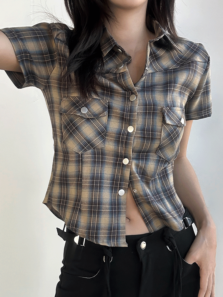 이너니티 [2size/핏보장🖤] 체크 배색 포켓 똑딱이 반팔 셔츠