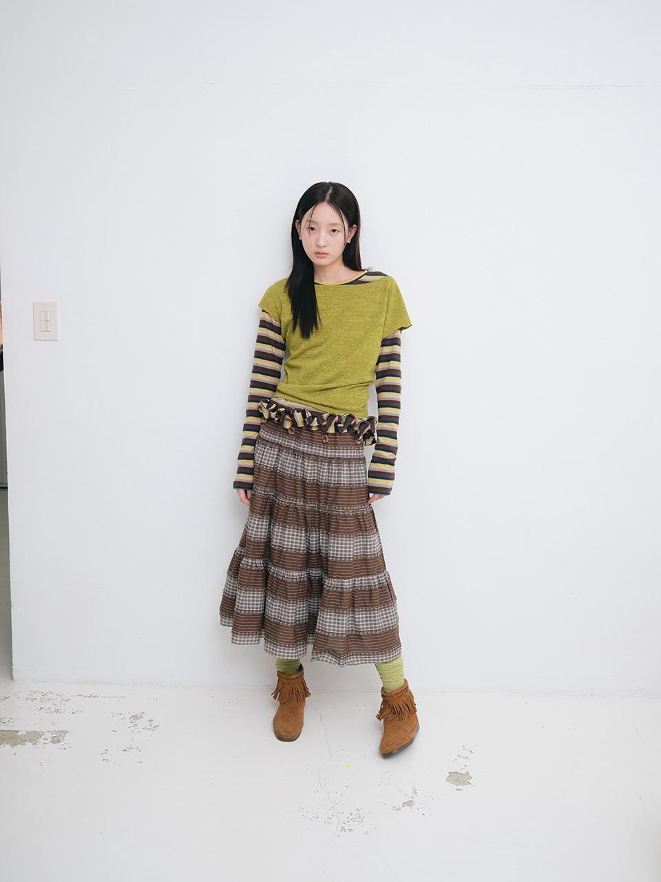 [MUWM] 2way Button Shirring Skirt (Brown)