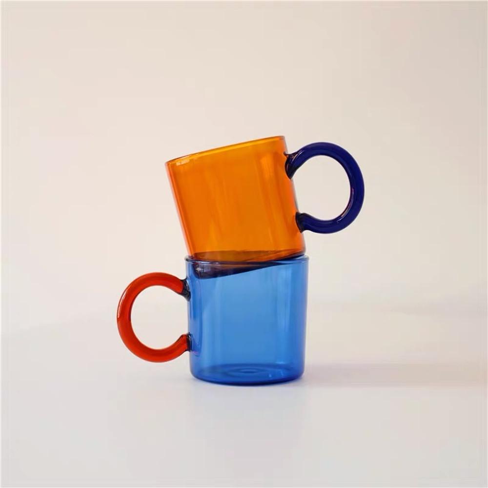 브라운 블루 심플 내열유리 유리컵 커피잔 300ml