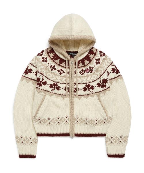 우먼즈 노르딕패턴 후드집업 니트 가디건 - IVORY