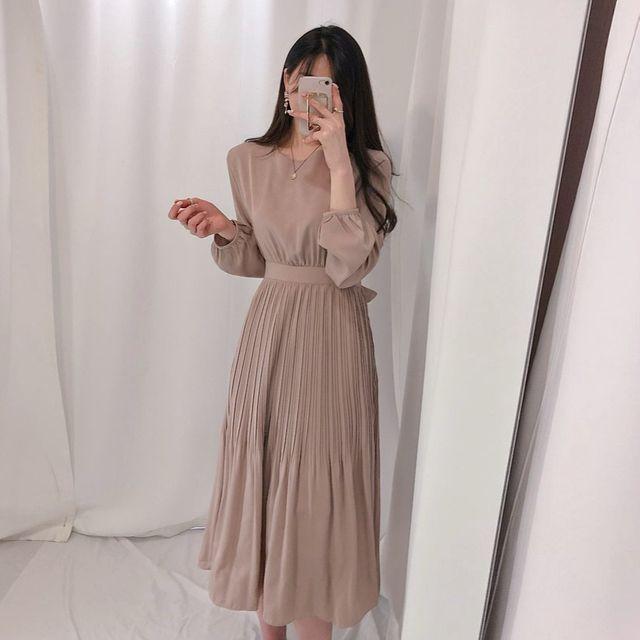 [2color] 선데이 백 리본 허리끈 플리츠 플레어 롱 원피스