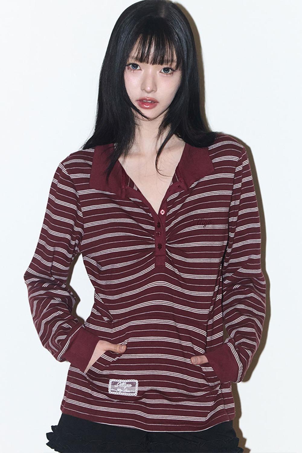 오픈 카라 롱슬리브 버건디