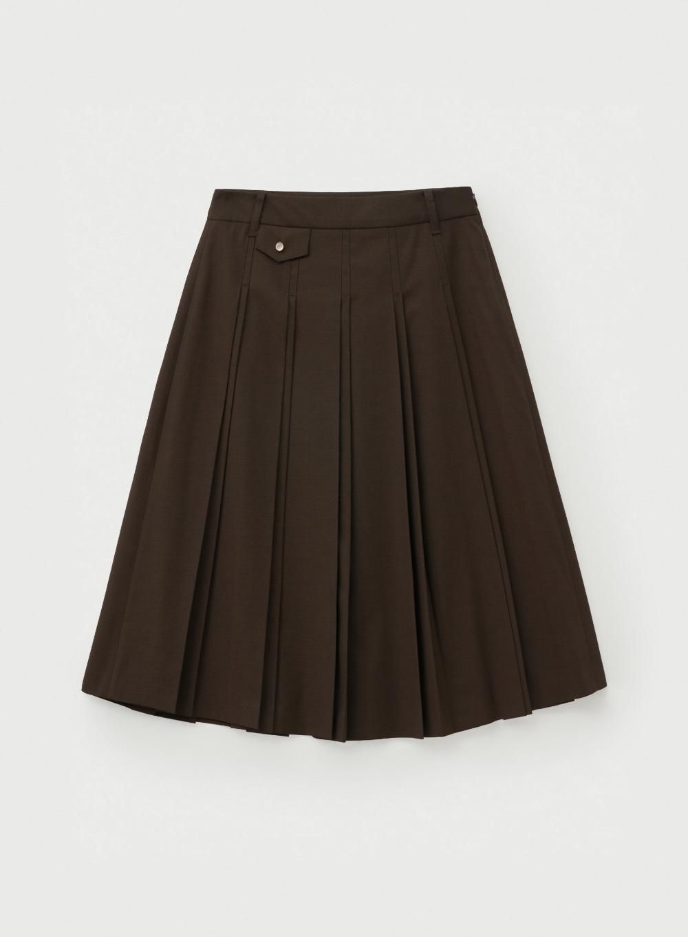 (W) Button Pleats Midi Skirt - Brown