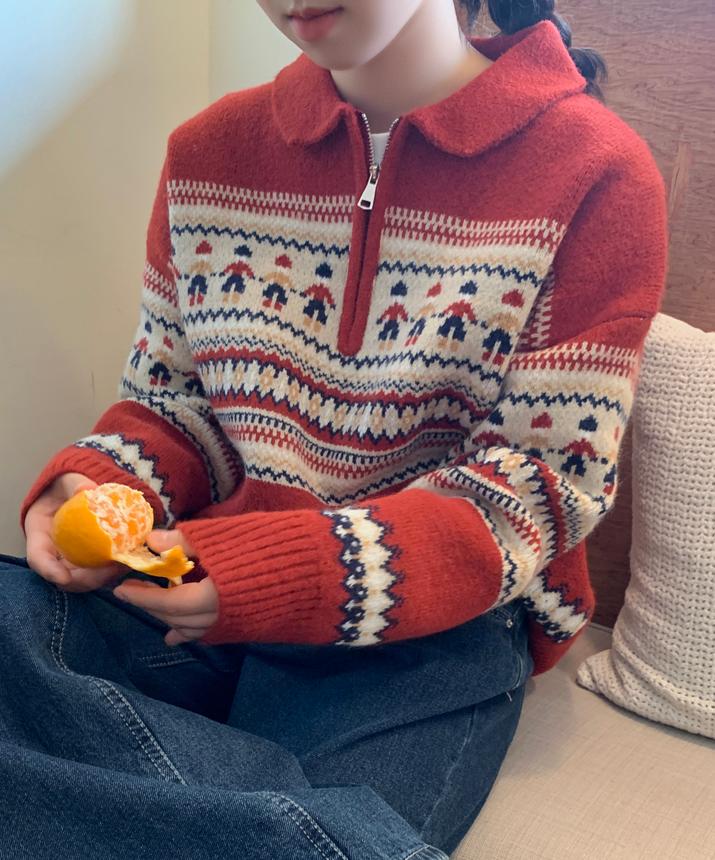 러브앤드팝 노르딕 울 카라 반집업 니트