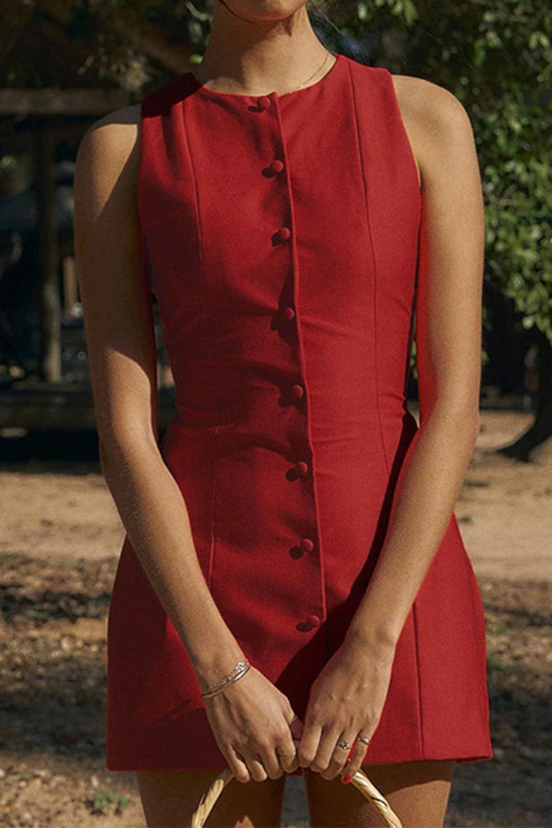 Button Front Sleeveless Mini Dress - RED / XS