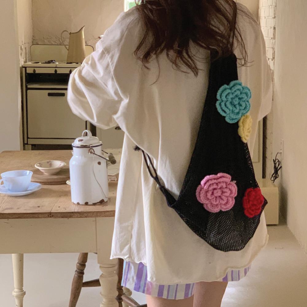 플라워 네트백 망사 니트 꽃 브로치 코사지 백팩 그물백