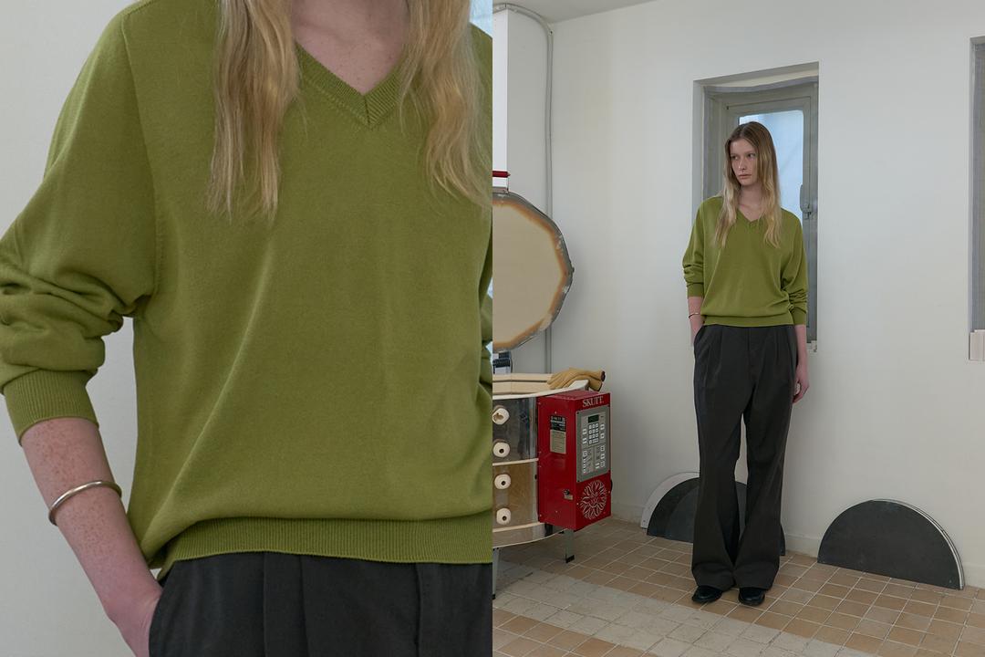 Linen wholegarment v-neck knit (olive)