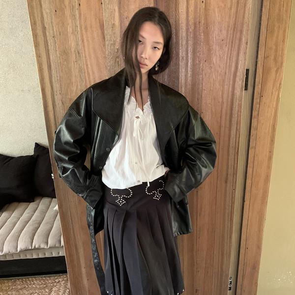 LONSLAN large lapel belt leather jacket