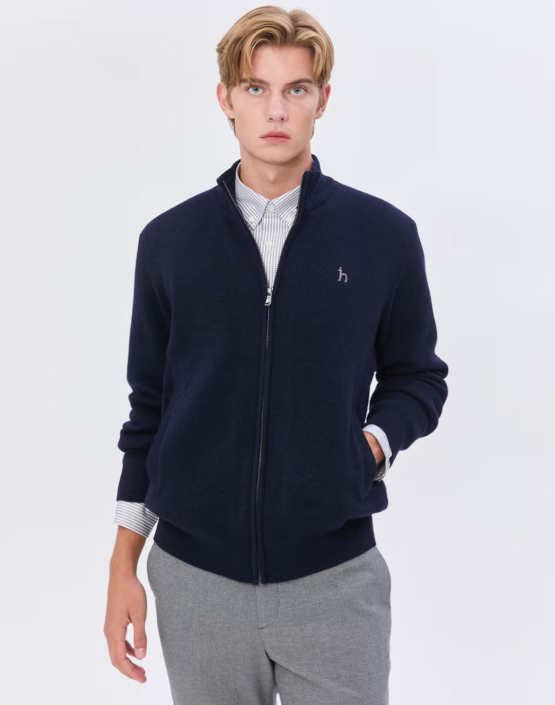 [스테디셀러] 네이비 짜임 울혼방 집업니트