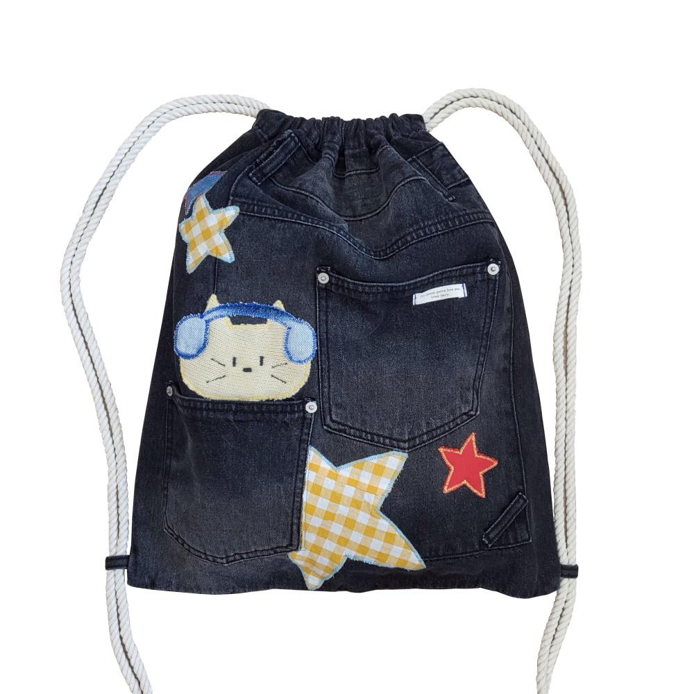 (별 1차) 흑청 스트링 백팩 패치워크 업사이클링 데님 빈티지