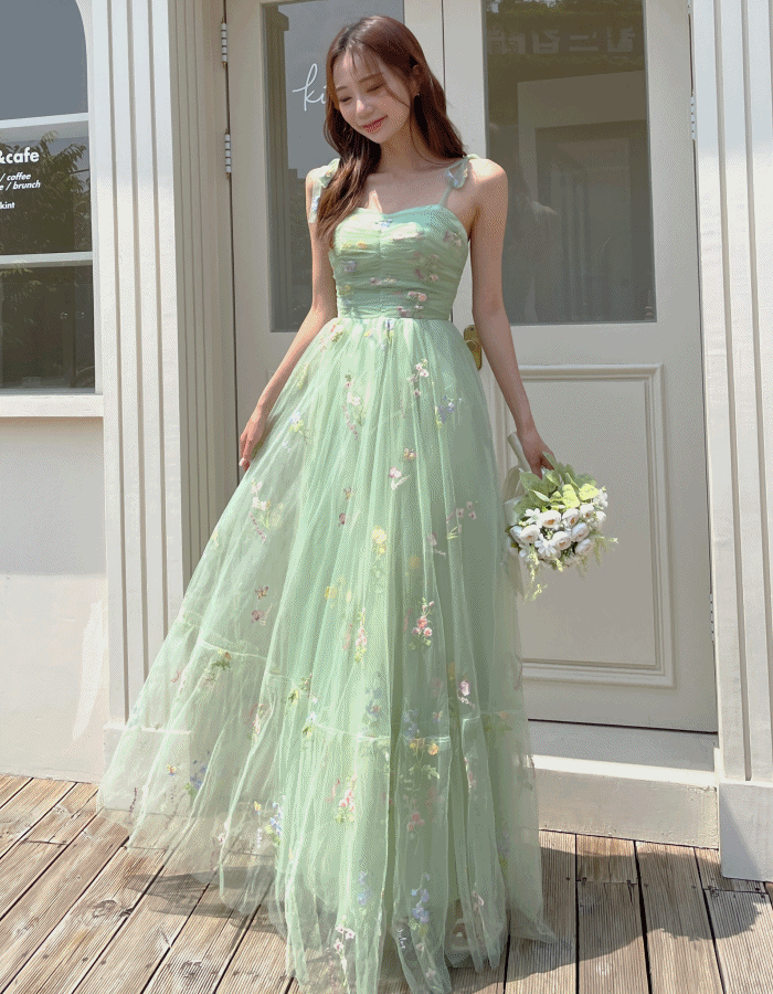 그린 플라워 셀프웨딩드레스, 유색 자수 프릴 꽃브라이덜샤워 스냅촬영 원피스