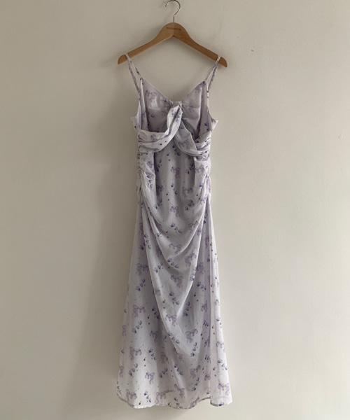 (Vintage)Flower Twist Ribbon Shirring Dress(Purple)