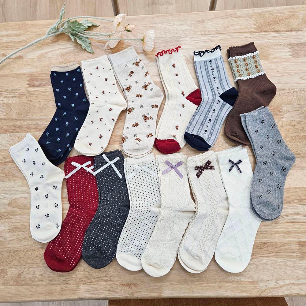 르비엘 [14종] 리본 패턴 프릴 양말 플라워 니트 중목 골지 땡땡이 패션양말