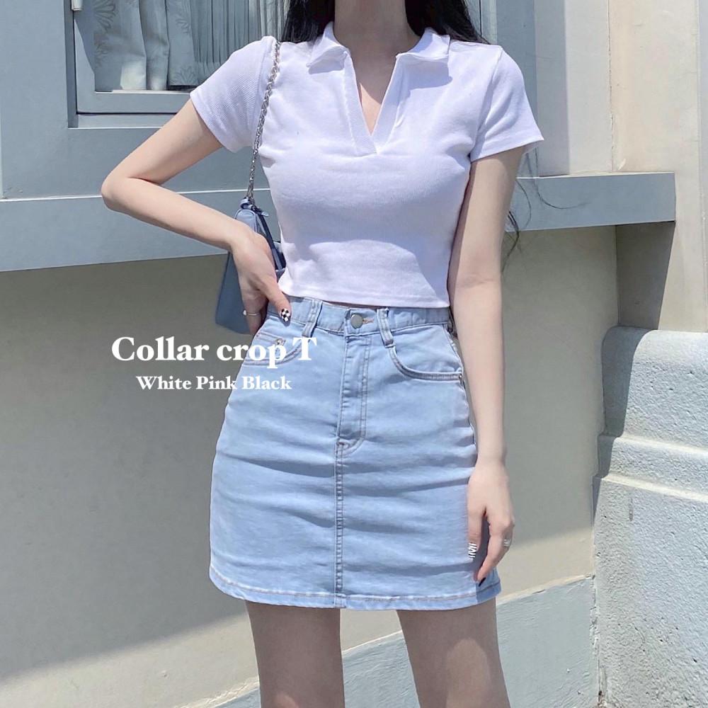 카라 브이넥 골지 화이트 핑크 블랙 하이틴 힙 크롭 반팔티