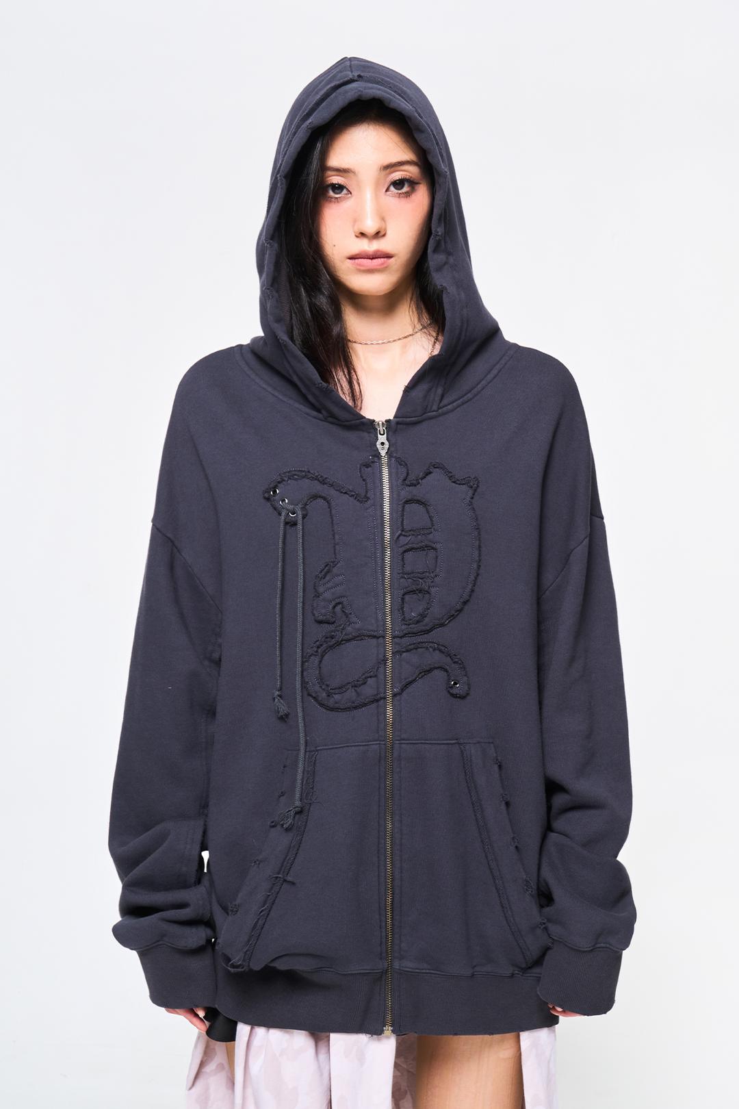 BACK TIE DETAIL ZIP-UP DARK GREY