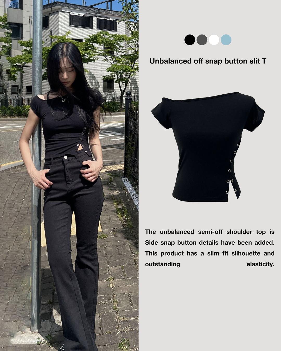 구스타 언발 오프 스냅 단추 슬릿 반팔 T (4color)