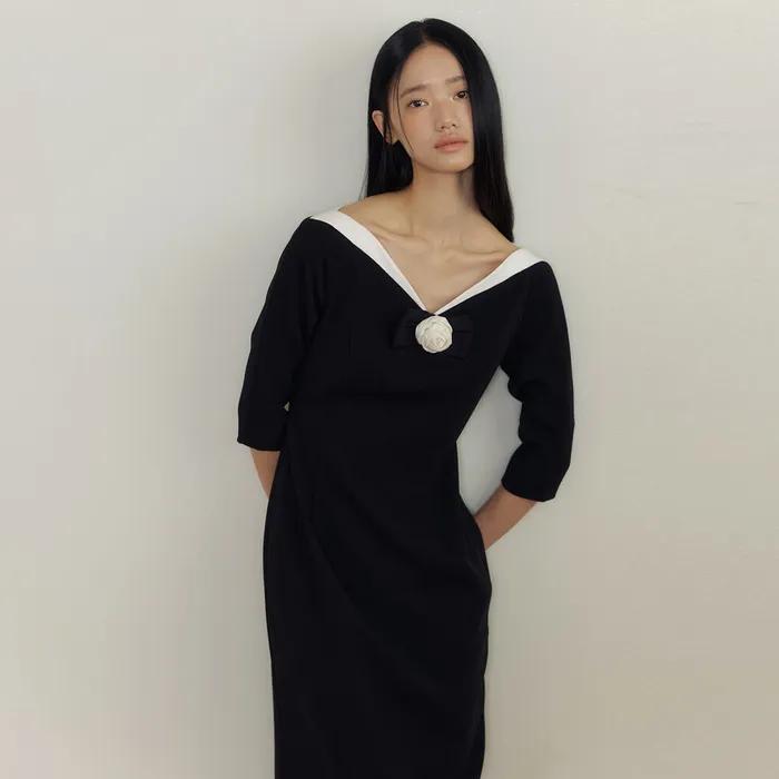 [Lucir zu Amour] Curve-Line Dress & Ribbon Corsage (black)