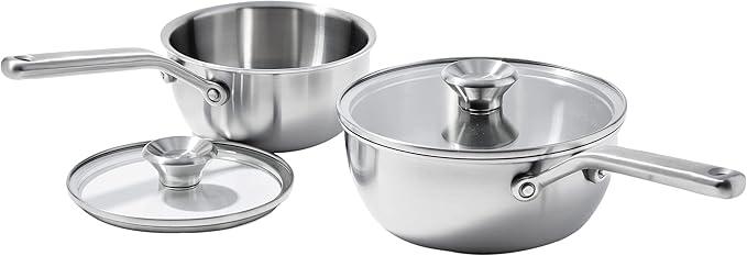 OXO Mira 3중 스테인리스 스틸, 1.5QT 및 3.57QT 셰프 팬 세트, 뚜껑 포함, PFAS 프리, 멀티 클래드, 인덕션, 식기 세척기 사용 가능, 오븐 사용 가능, 실버