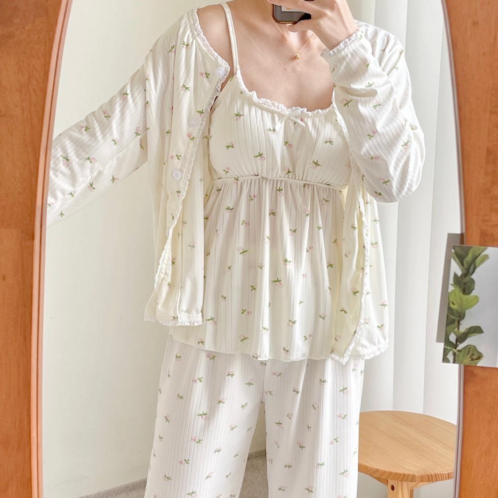 여름 잠옷 빅사이즈 플라워 3피스 캡내장 나시 가을 파자마