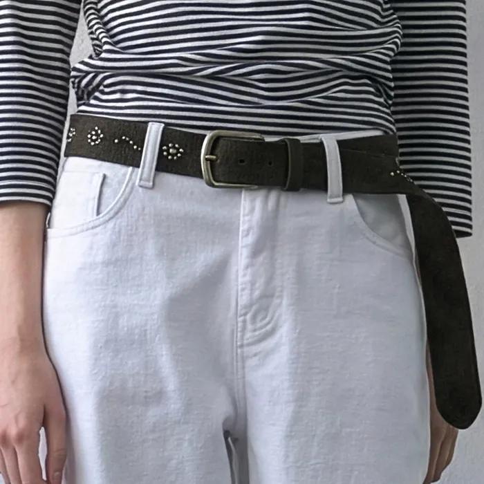 Floral Stud Suede Belt Dark Brown