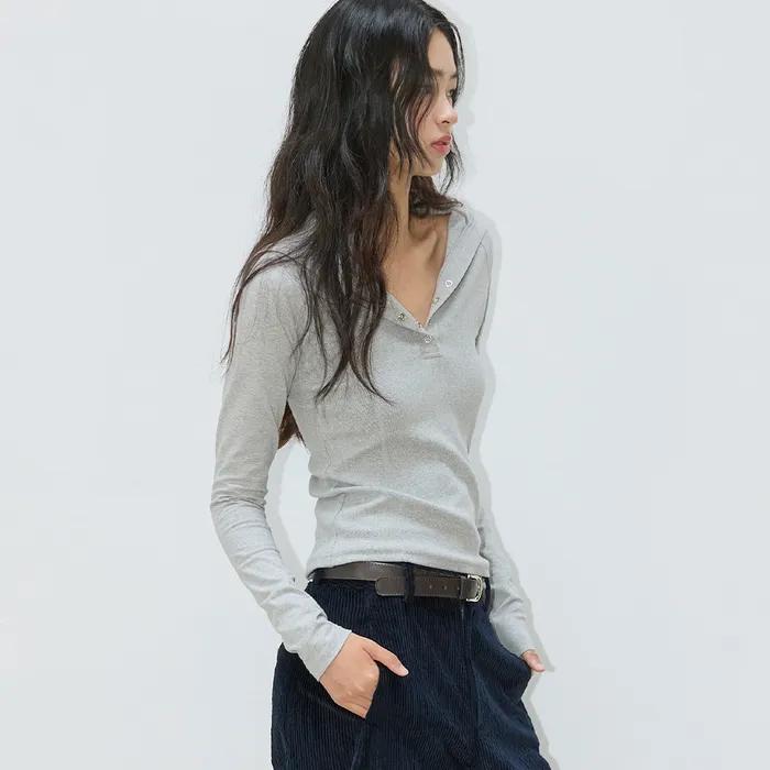 BUTTON UP COLLAR RIBBED TOP MELANGE GREY