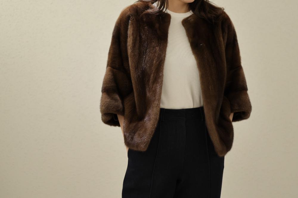 브라운 라운드넥 숏 밍크자켓