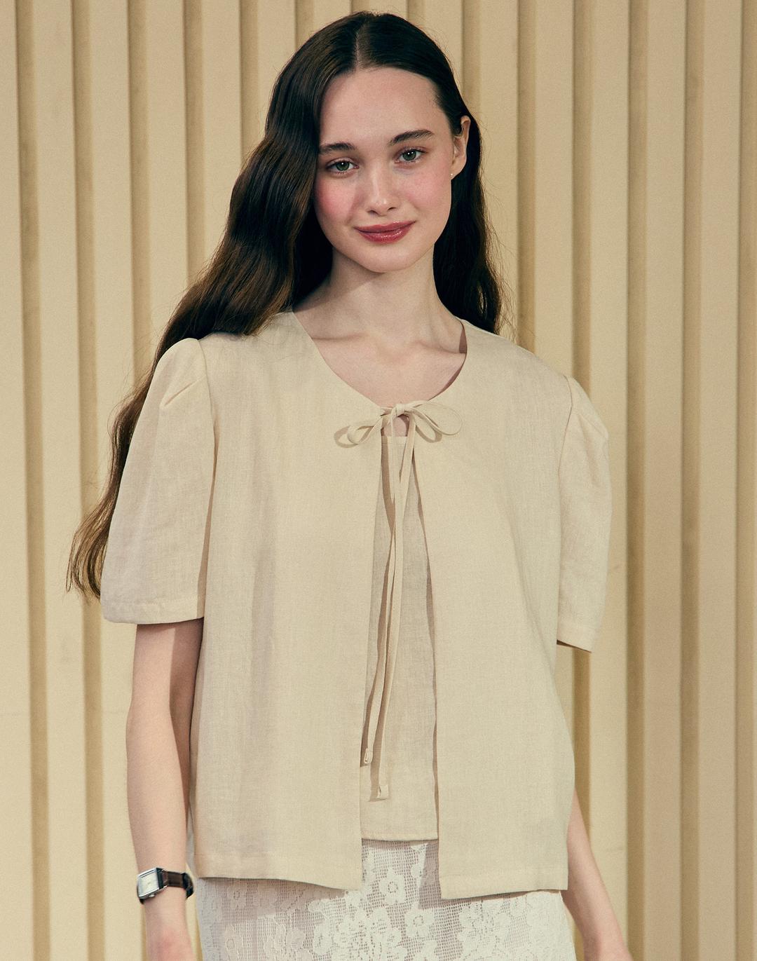 Linen Half Sleeve Cardigan - Light Beige