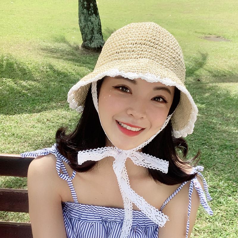 여성 여름 레이스 포인트 밀짚 벙거지 모자 버킷햇