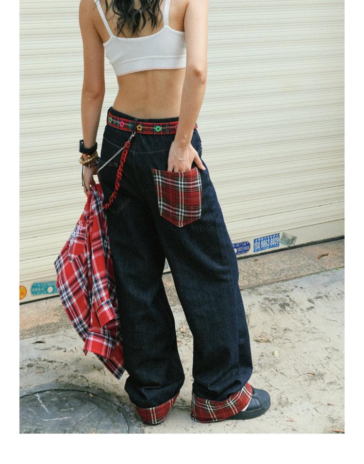 YOUNG STAGE Red Checkered Hem Denim Pants