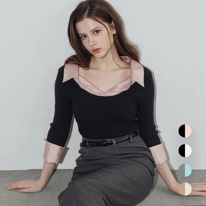 [컬러추가][셀럽착용] Layered sheer shirt knit