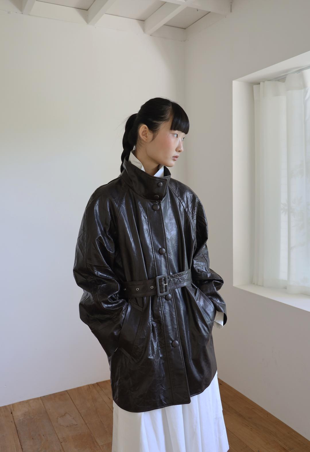 High-neck Crack Leather Coat, 2color