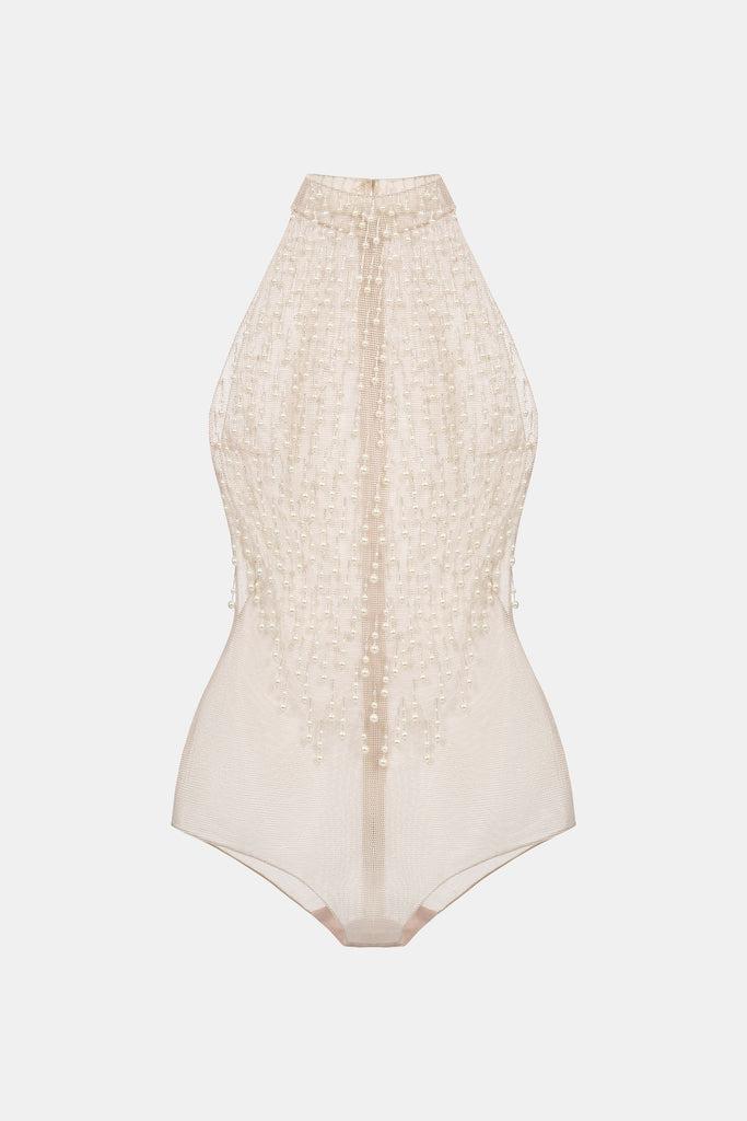 Beige Faux Pearl Sleeveless Top