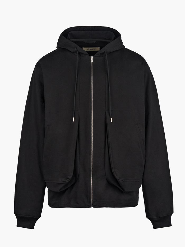 Draped Pocket Zip-Up Hoodie - Black