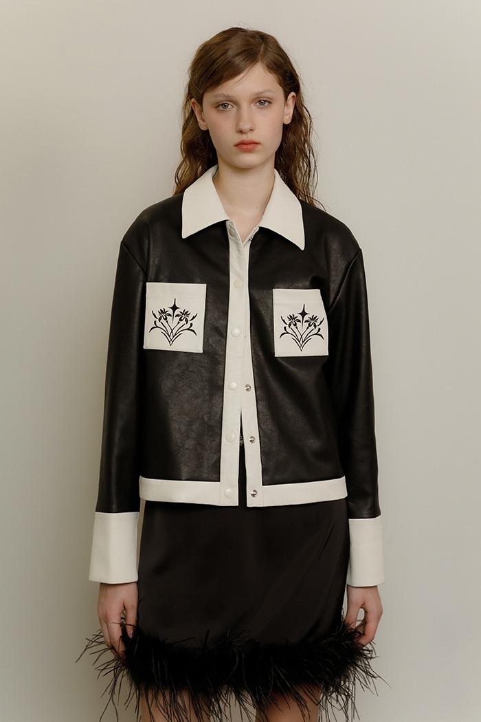 Art nouveau embroidery leather jacket (black)