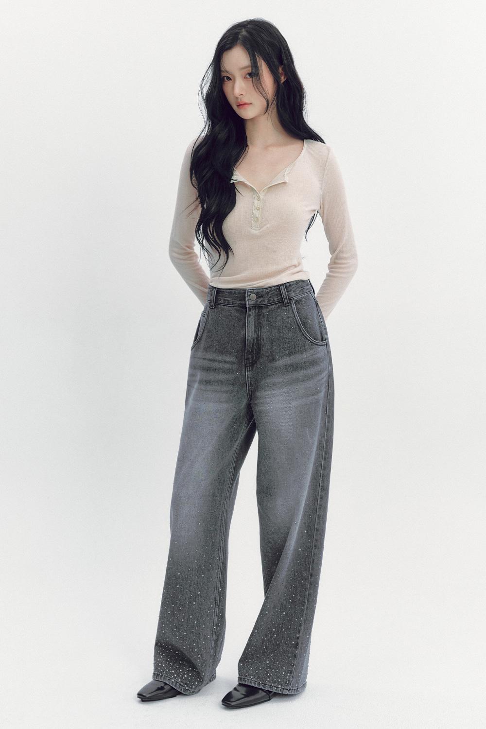 [4월 21일 순차배송][Exclusive]TWINKLE CRYSTAL SEMI WIDE DENIM PANTS_TT6S401GY